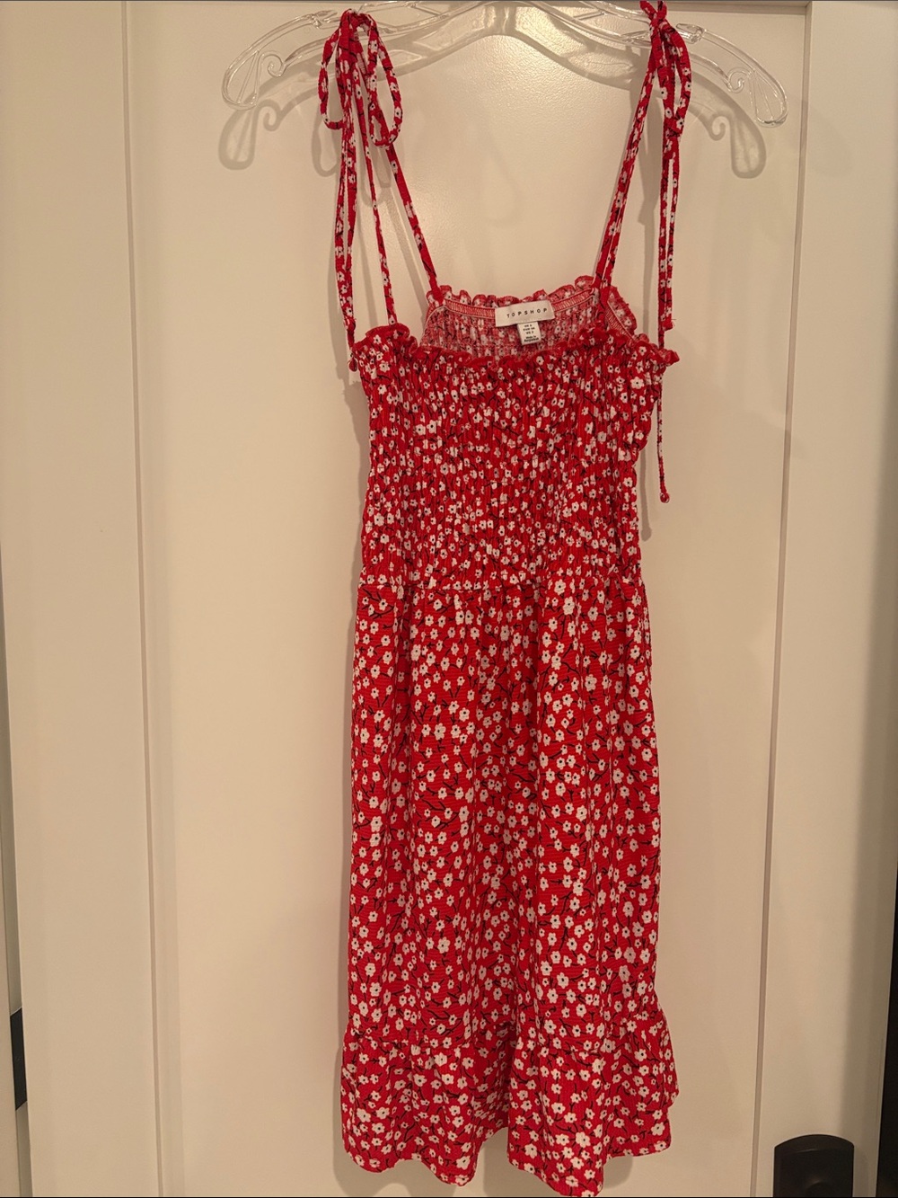 Top Shop Red Floral Smocked Sundress with Tie Straps